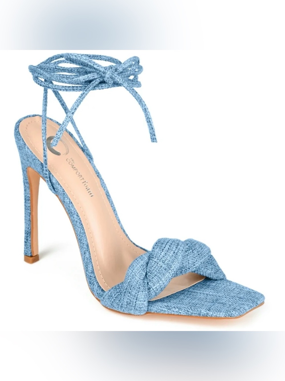 Journee Collection Edelie Linen Stiletto Sandals Blue Ankle Wrap - Size 8 NIB
